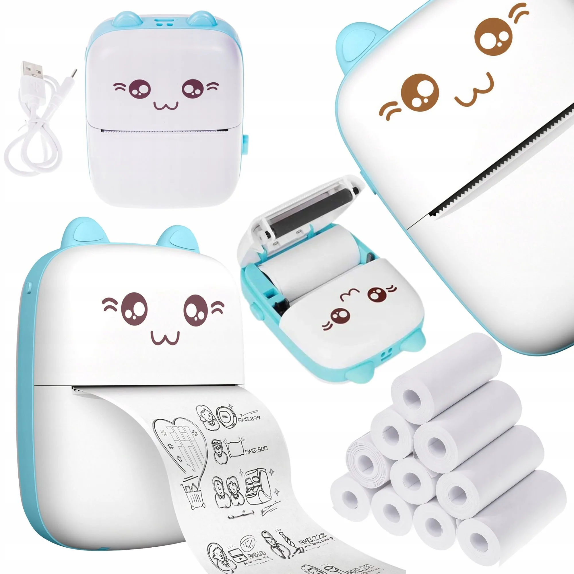MINI DRUKARKA TERMICZNA DRUKUŚ BLUETOOTH 200 DPI NIEBIESKA 11 ROLEK