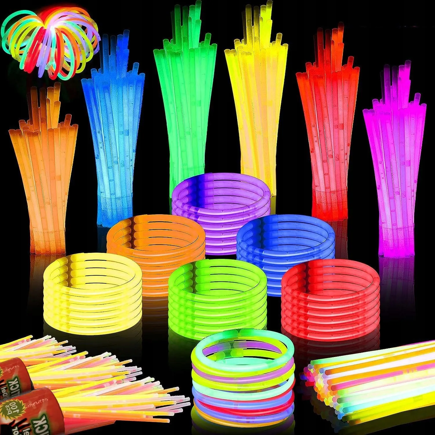 100x OPASKI FLUORESCENCYJNE PAŁECZKI BRANSOLETKI ŚWIECĄCE W CIEMNOŚCI KOLOR DUŻY ZESTAW