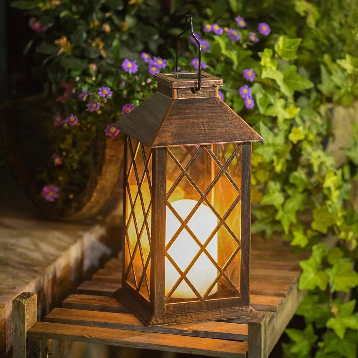 DUŻY LAMPION SOLARNY LED LATARNIA OGRODOWA ZNICZ SOLARNY PATYNA EFEKT ŚWIECY