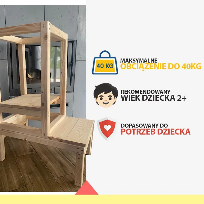DREWNIANY POMOCNIK KUCHENNY DLA DZIECI STOJAK PODWYŻSZENIE PODEST EDUKACYJNY DO KUCHNI