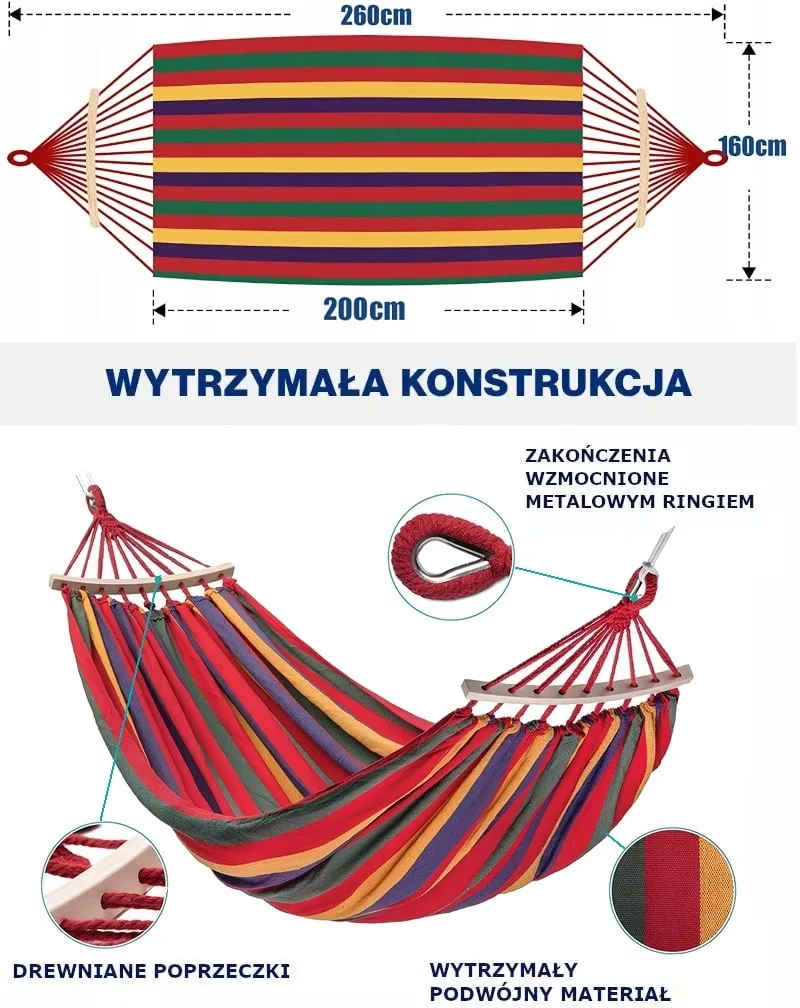 HAMAK OGRODOWY XXL DWUOSOBOWY 260x160 CM Z POPRZECZKĄ CZERWONO-ŻÓŁTY DUŻY MOCNY WYGODNY DO OGRODU
