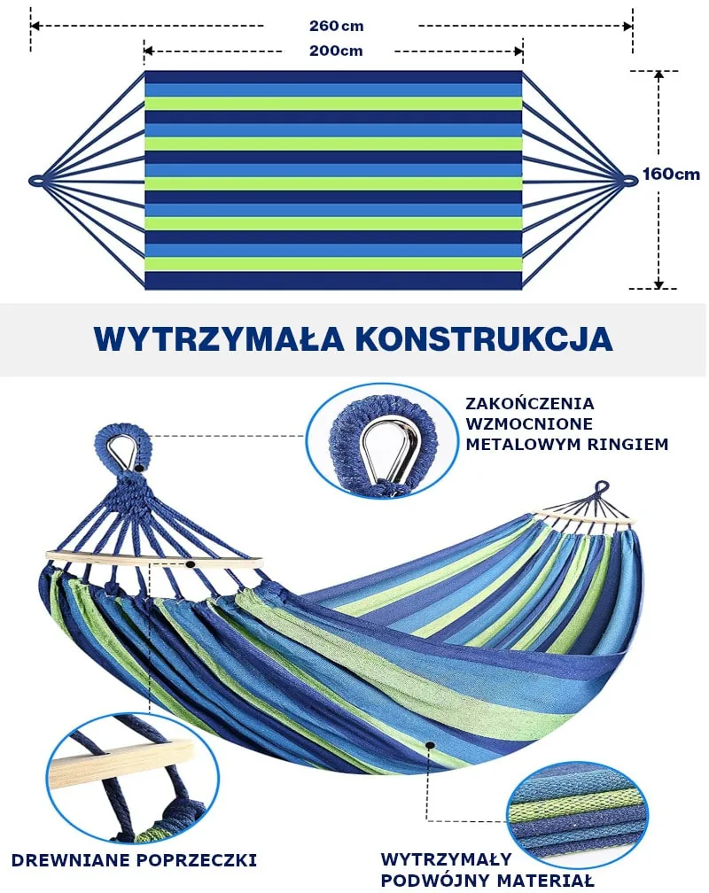 HAMAK OGRODOWY XXL DWUOSOBOWY 260x160 CM Z POPRZECZKĄ MOCNY NIEBIESKO-ZIELONY