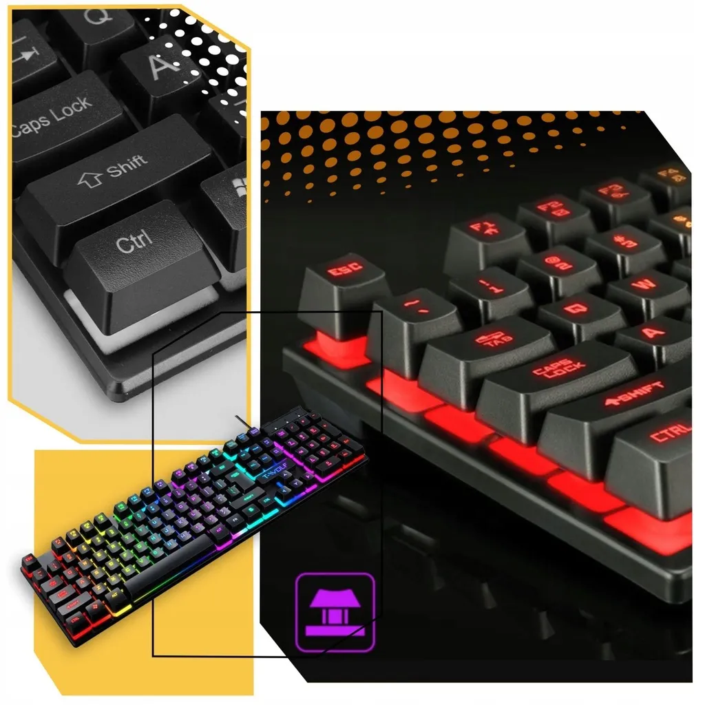 GAMINGOWY ZESTAW KLAWIATURA I MYSZ RGB LED PODŚWIETLANA MYSZKA DLA GRACZY DO KOMPUTERA PC