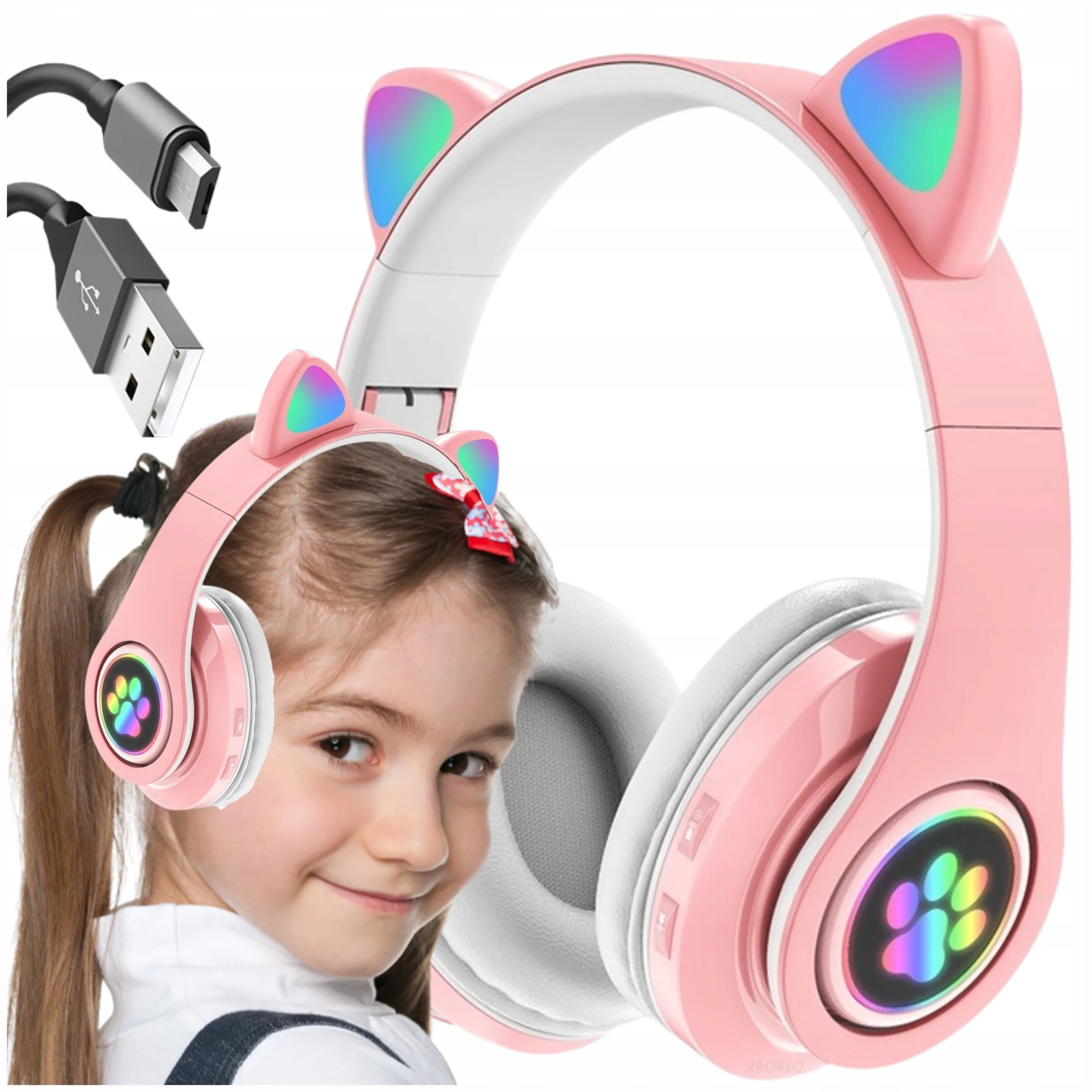 ŁUCHAWKI BEZPRZEWODOWE PREMIUM NAUSZNE DLA DZIECI KOCIE USZY RGB LED BLUETOOTH RÓŻOWE ŚWIECĄCE DO TELEFONU TABLETU KOMPUTERA