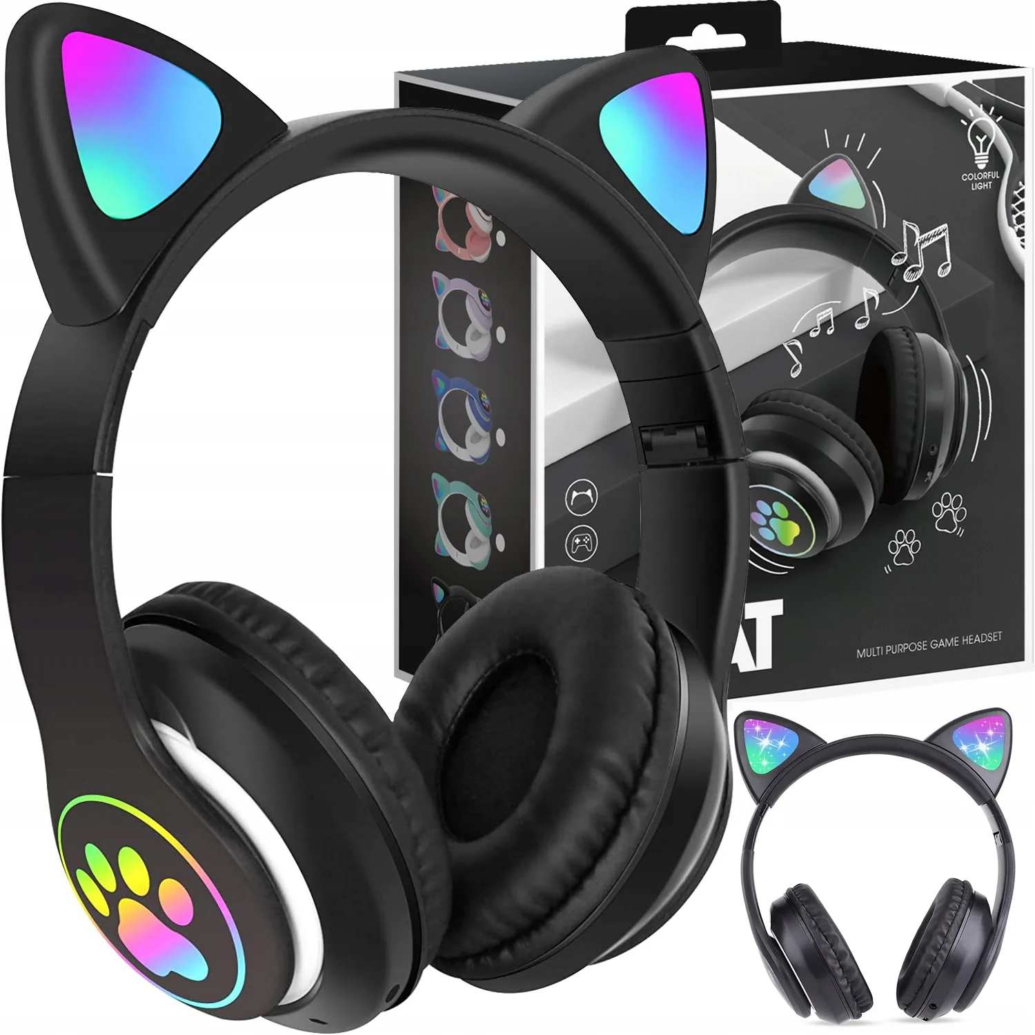 SŁUCHAWKI BEZPRZEWODOWE PREMIUM NAUSZNE DLA DZIECI RGB KOCIE USZY BLUETOOTH LED CZARNE DO TELEFONU TABLETU KOMPUTERA