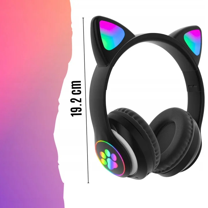 SŁUCHAWKI BEZPRZEWODOWE PREMIUM NAUSZNE DLA DZIECI RGB KOCIE USZY BLUETOOTH LED CZARNE DO TELEFONU TABLETU KOMPUTERA