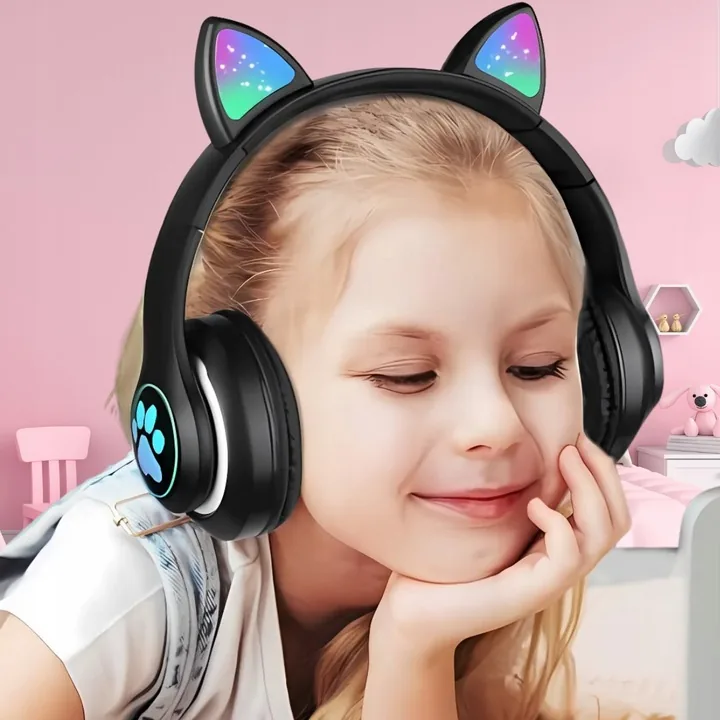 SŁUCHAWKI BEZPRZEWODOWE PREMIUM NAUSZNE DLA DZIECI RGB KOCIE USZY BLUETOOTH LED CZARNE DO TELEFONU TABLETU KOMPUTERA
