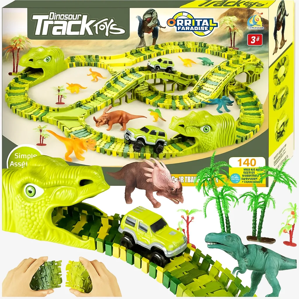 DUŻY TOR SAMOCHODOWY WYŚCIGOWY MAGIC TRACK PARK DINOZAURÓW 140 ELEMENTÓW Z AUTKIEM DLA DZIECI