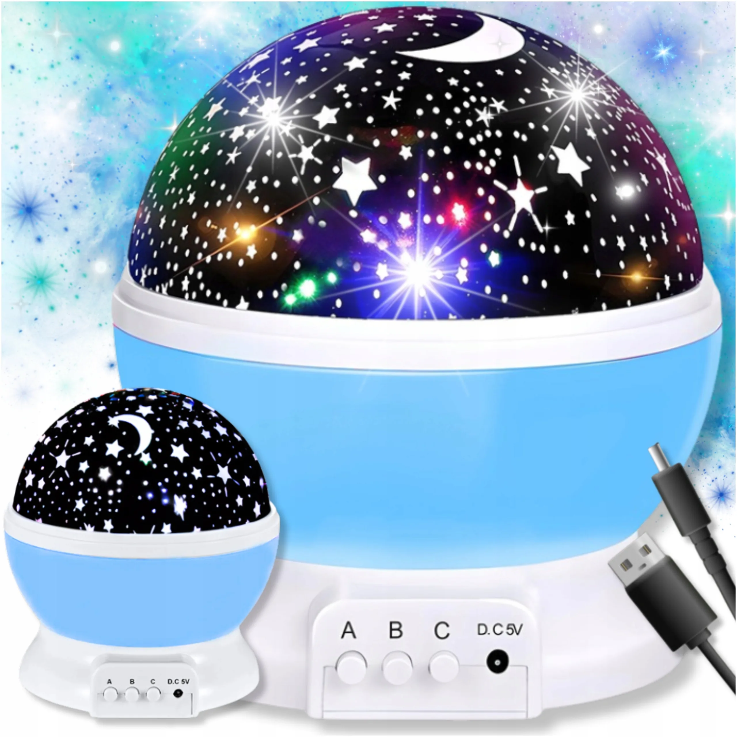 LAMPKA NOCNA PROJEKTOR GWIAZD LED 2W1 OBROTOWA 360° USB 8 KOLORÓW