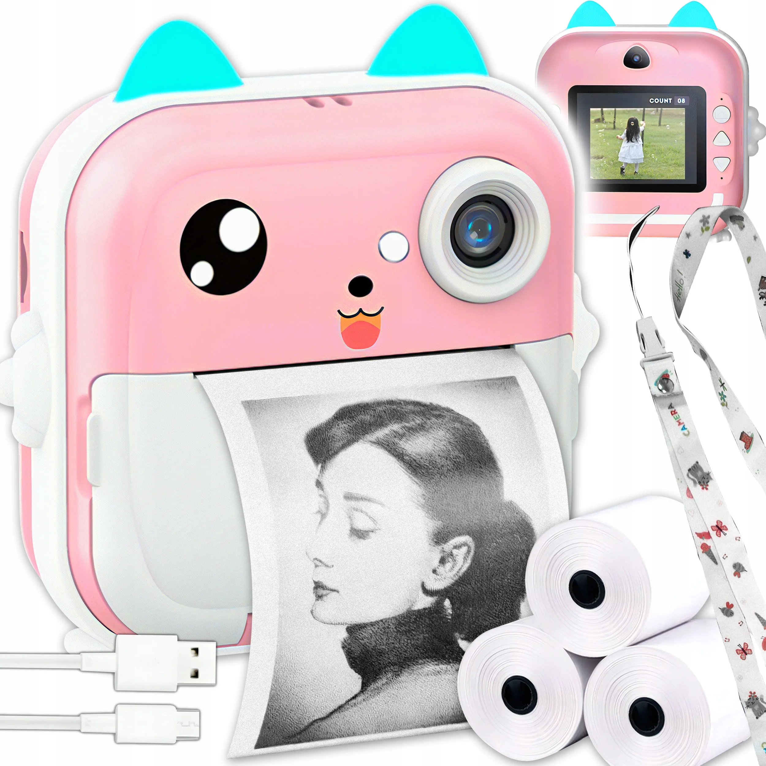 DRUKARKA TERMICZNA Z APARATEM DRUKUŚ 48 MPX FULL HD 3 ROLKI RÓŻOWA