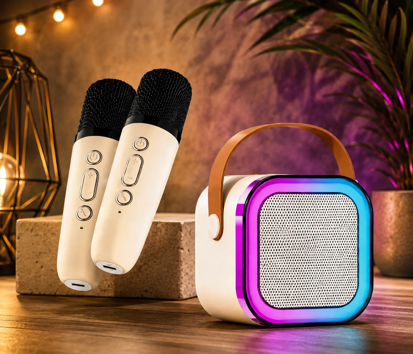 DOMOWA SCENA KARAOKE LED GŁOŚNIK BLUETOOTH 2 BEZPRZEWODOWE MIKROFONY DLA DZIECI