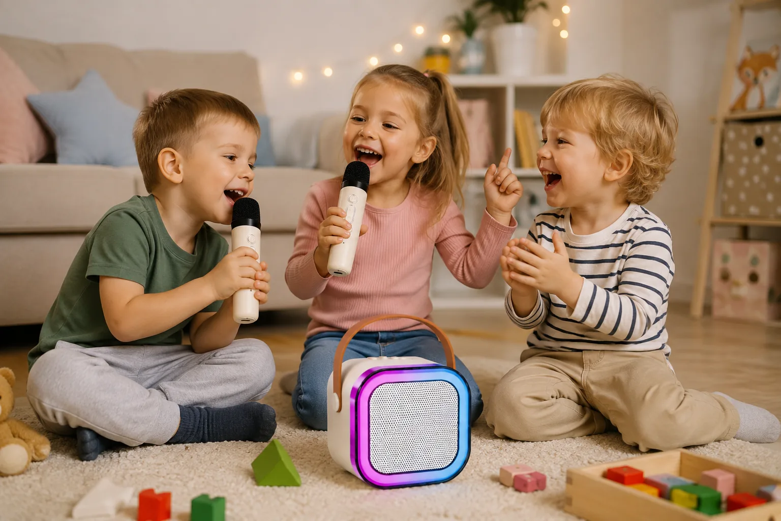 DOMOWA SCENA KARAOKE LED GŁOŚNIK BLUETOOTH 2 BEZPRZEWODOWE MIKROFONY DLA DZIECI