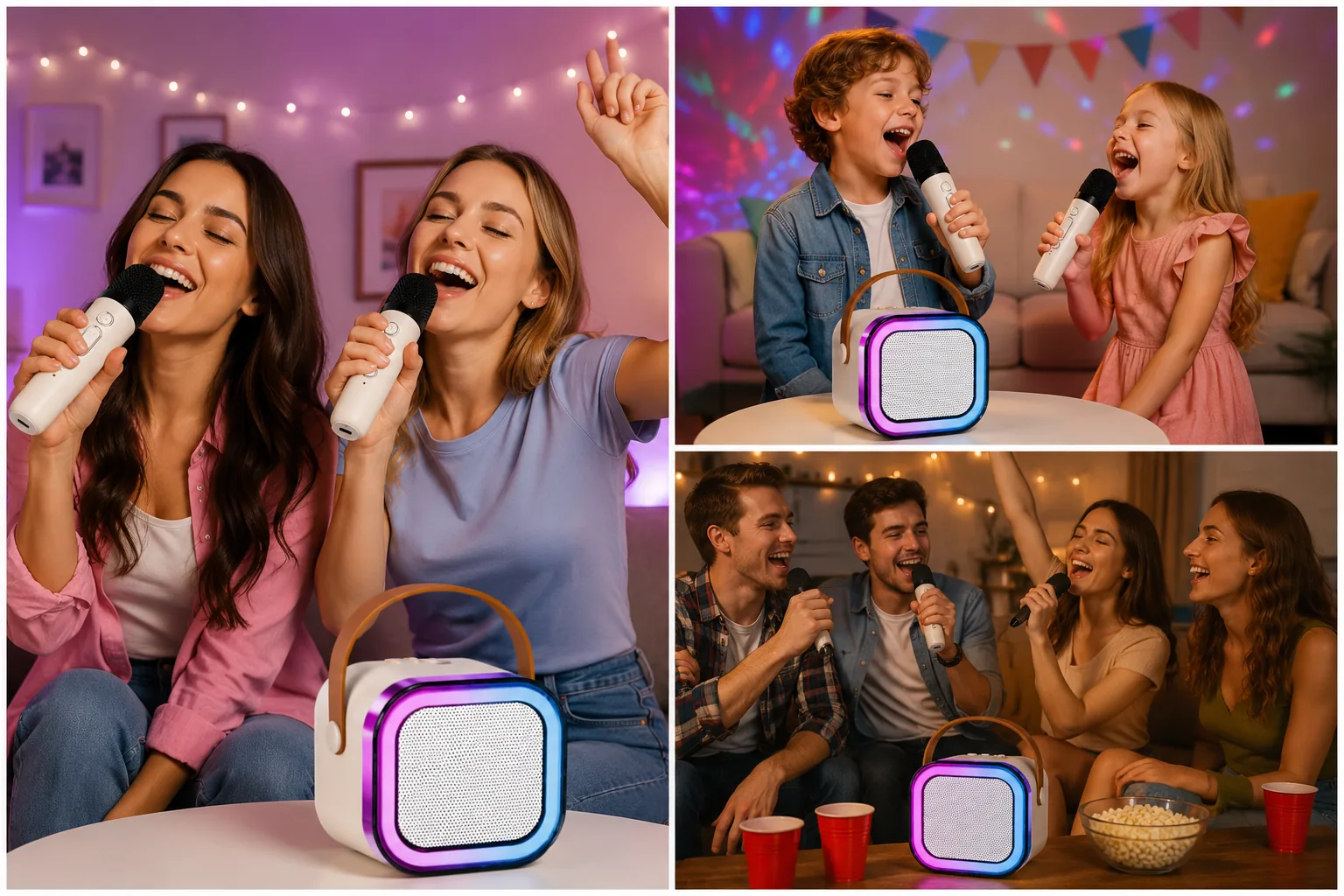 DOMOWA SCENA KARAOKE LED GŁOŚNIK BLUETOOTH 2 BEZPRZEWODOWE MIKROFONY DLA DZIECI