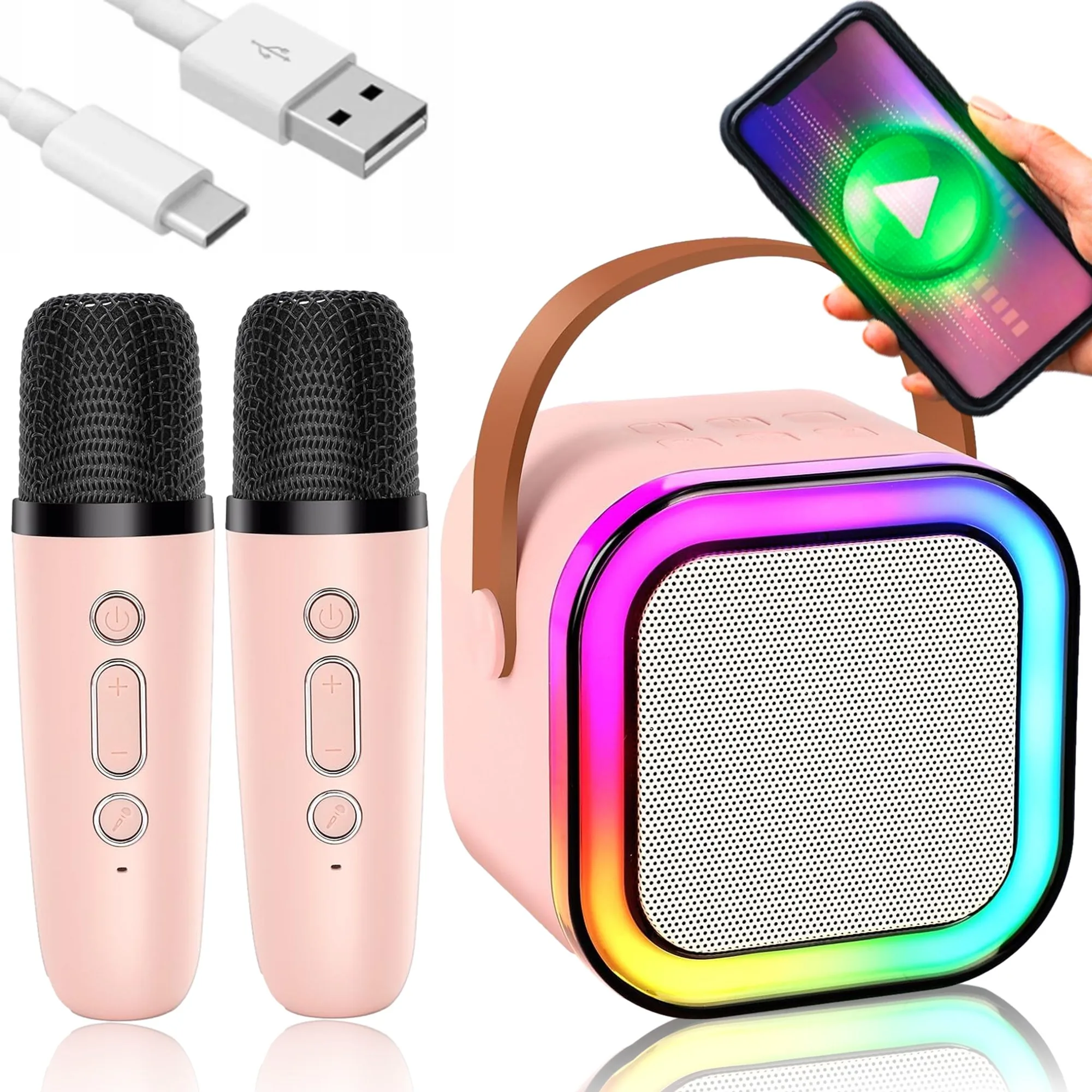 DOMOWA SCENA KARAOKE LED GŁOŚNIK BLUETOOTH 2 BEZPRZEWODOWE MIKROFONY DLA DZIECI