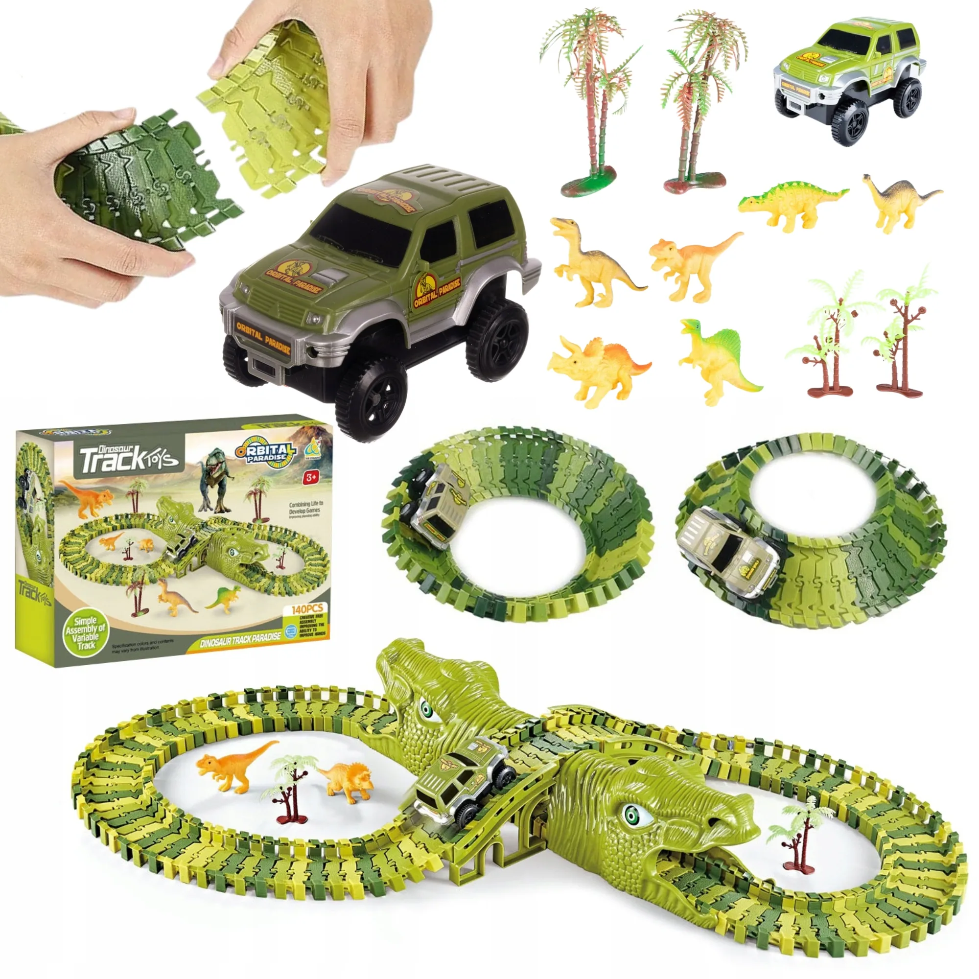 DUŻY TOR SAMOCHODOWY WYŚCIGOWY MAGIC TRACK PARK DINOZAURÓW 140 ELEMENTÓW Z AUTKIEM DLA DZIECI