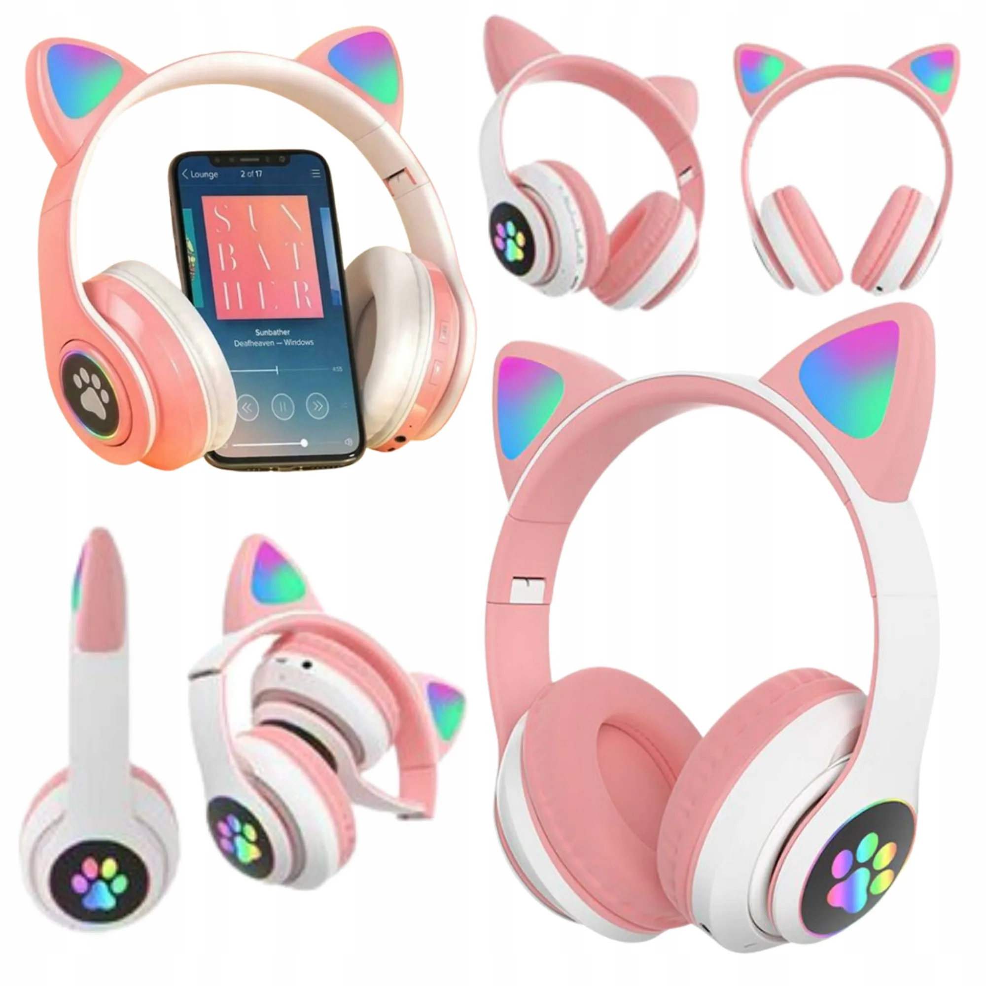ŁUCHAWKI BEZPRZEWODOWE PREMIUM NAUSZNE DLA DZIECI KOCIE USZY RGB LED BLUETOOTH RÓŻOWE ŚWIECĄCE DO TELEFONU TABLETU KOMPUTERA