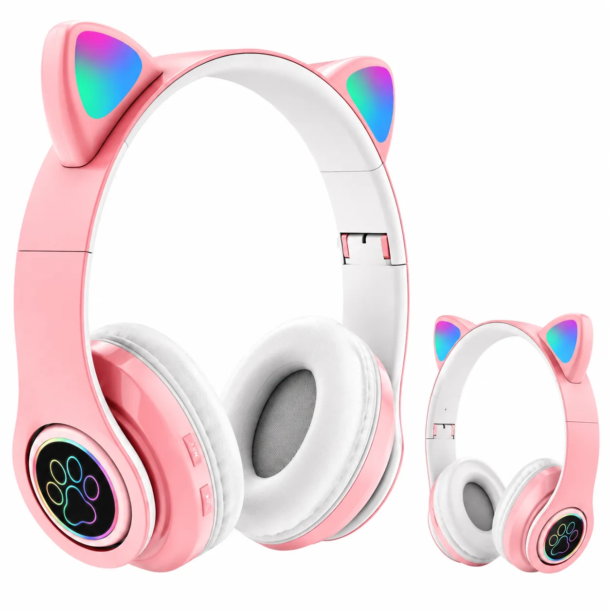 ŁUCHAWKI BEZPRZEWODOWE PREMIUM NAUSZNE DLA DZIECI KOCIE USZY RGB LED BLUETOOTH RÓŻOWE ŚWIECĄCE DO TELEFONU TABLETU KOMPUTERA
