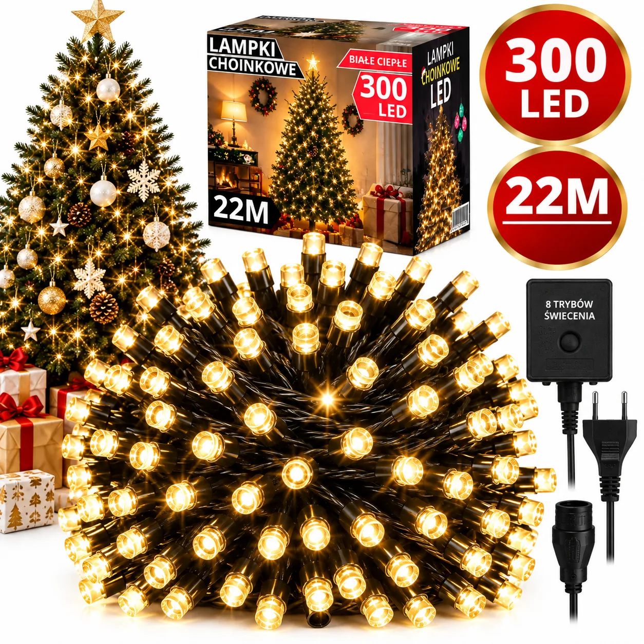 LAMPKI CHOINKOWE 300 LED 22M CIEPŁE ŻÓŁTE ŁAŃCUCH ŚWIETLNY Z PROGRAMATOREM 8 TRYBÓW