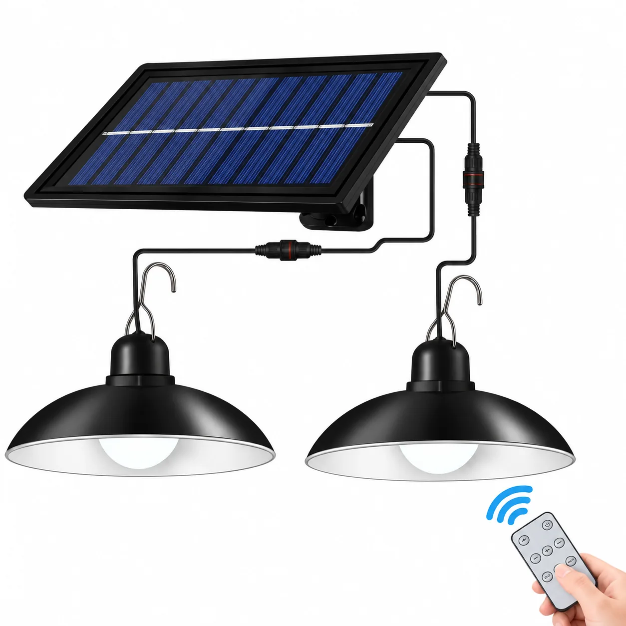 PODWÓJNA LAMPA SOLARNA WISZĄCA LED 2 SZTUKI ŻYRANDOL Z PANELEM SOLARNYM CZUJNIKIEM ZMIERZCHU PILOT