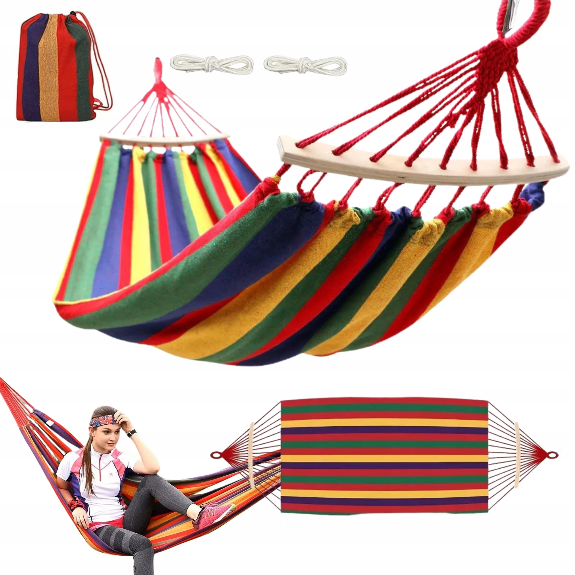 HAMAK OGRODOWY XXL DWUOSOBOWY 260x160 CM Z POPRZECZKĄ CZERWONO-ŻÓŁTY DUŻY MOCNY WYGODNY DO OGRODU
