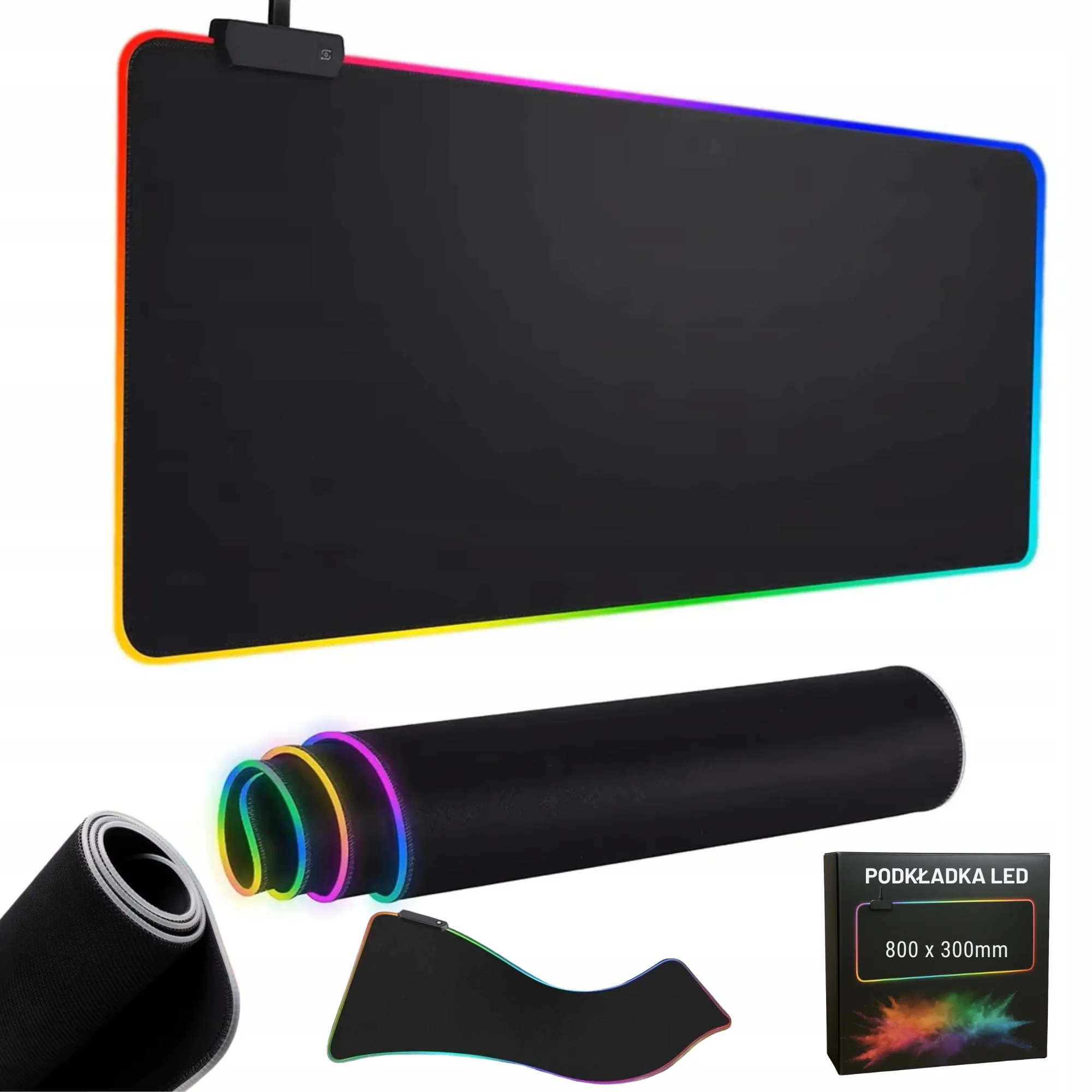DUŻA PODŚWIETLANA PODKŁADKA GAMINGOWA RGB XXL 80X30 CM CZARNA USB 14 TRYBÓW LED POD MYSZ I KLAWIATURĘ DLA GRACZY