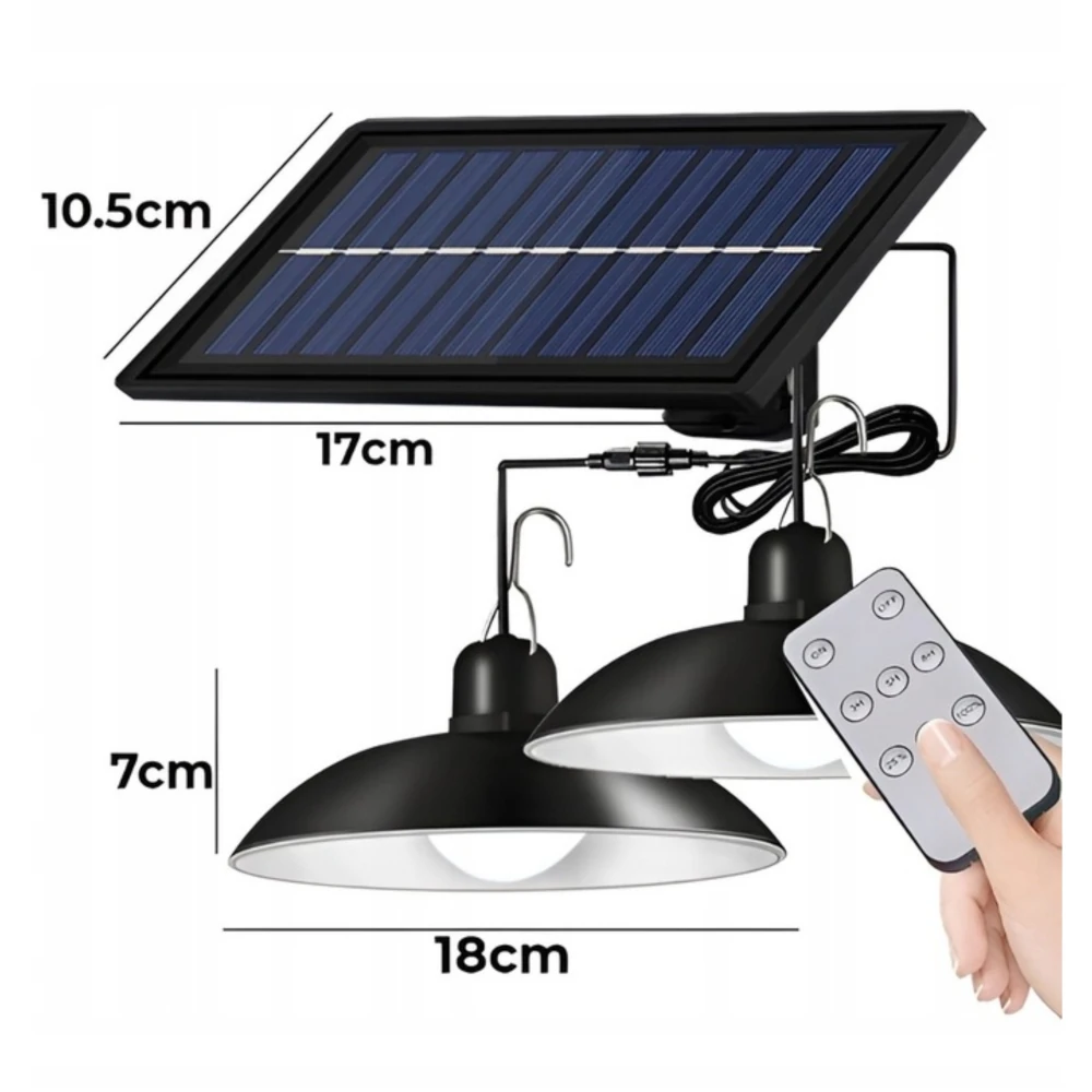 PODWÓJNA LAMPA SOLARNA WISZĄCA LED 2 SZTUKI ŻYRANDOL Z PANELEM SOLARNYM CZUJNIKIEM ZMIERZCHU PILOT