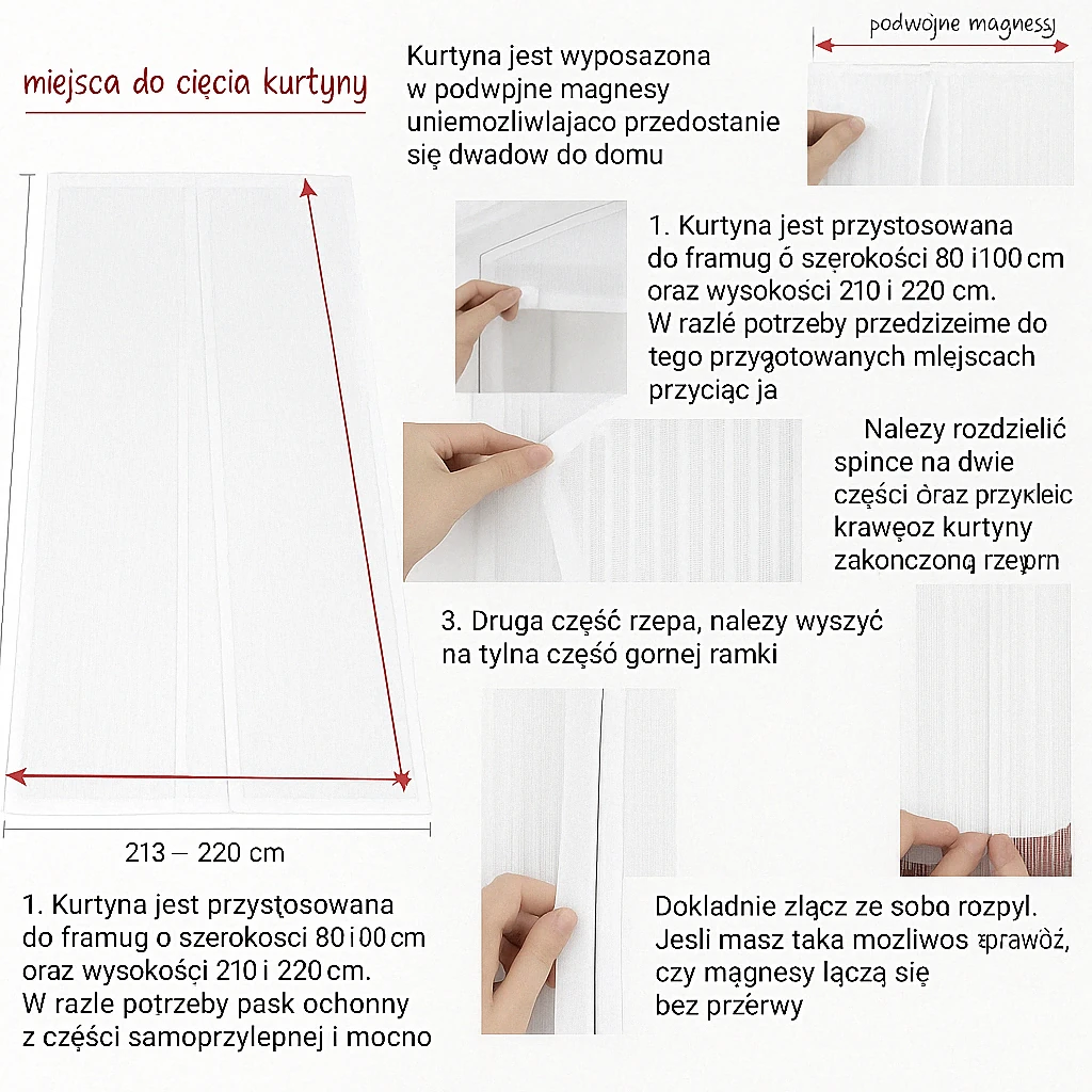 MOSKITIERA MAGNETYCZNA NA DRZWI BIAŁA REGULOWANA SIATKA NA KOMARY MUCHY 80/90/100 x 210/220 CM