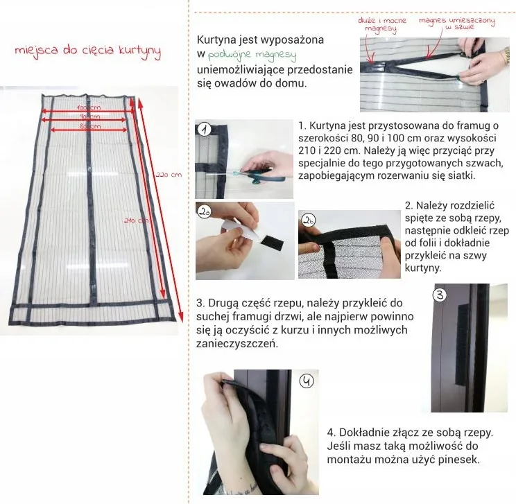 MOSKITIERA MAGNETYCZNA NA DRZWI CZARNA REGULOWANA SIATKA NA KOMARY MUCHY 80/90/100 x 210/220 CM
