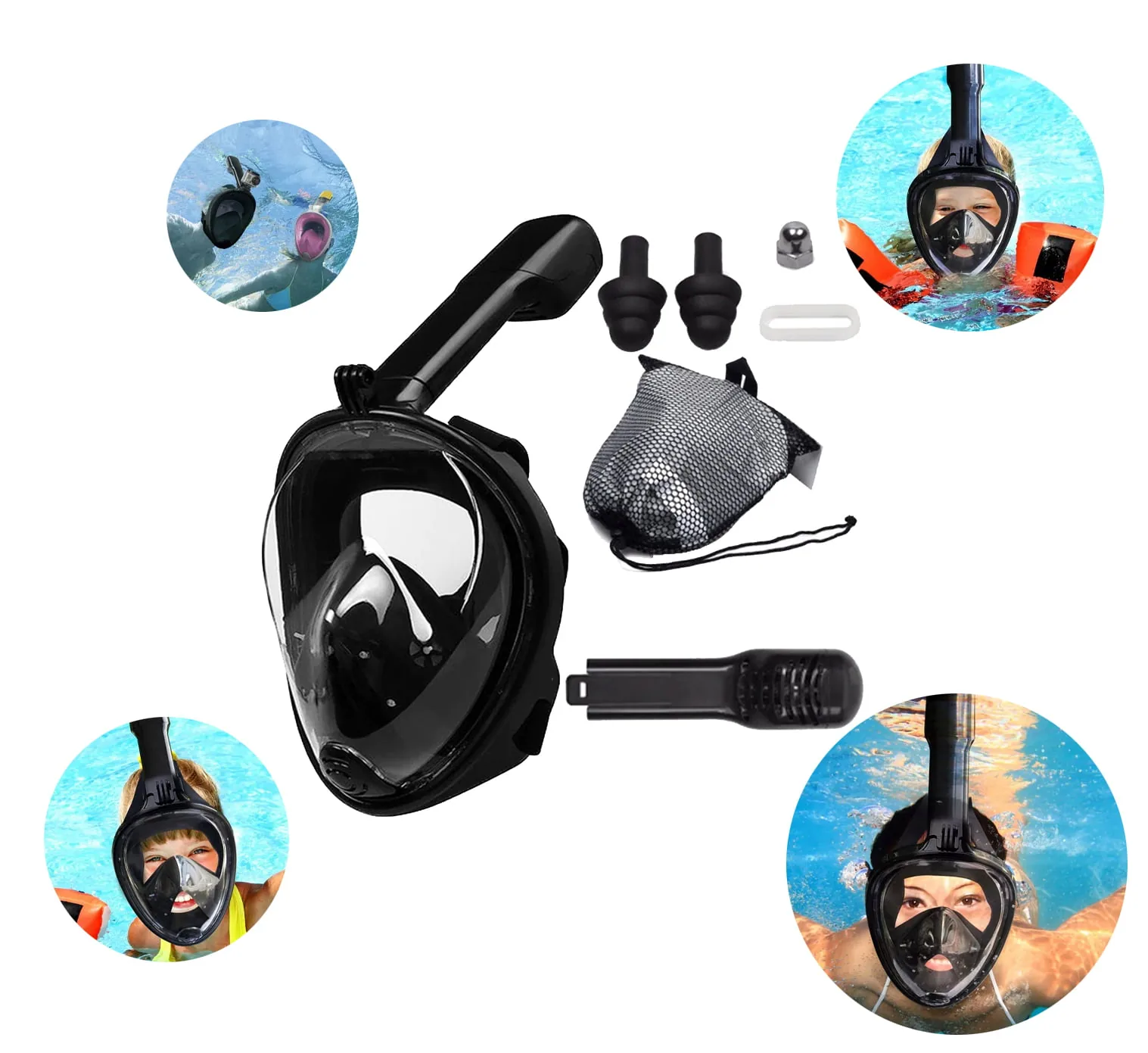 MASKA DO SNORKELINGU PEŁNOTWARZOWA M/L CZARNA PANORAMA 180° ANTIFOG DRYTOP