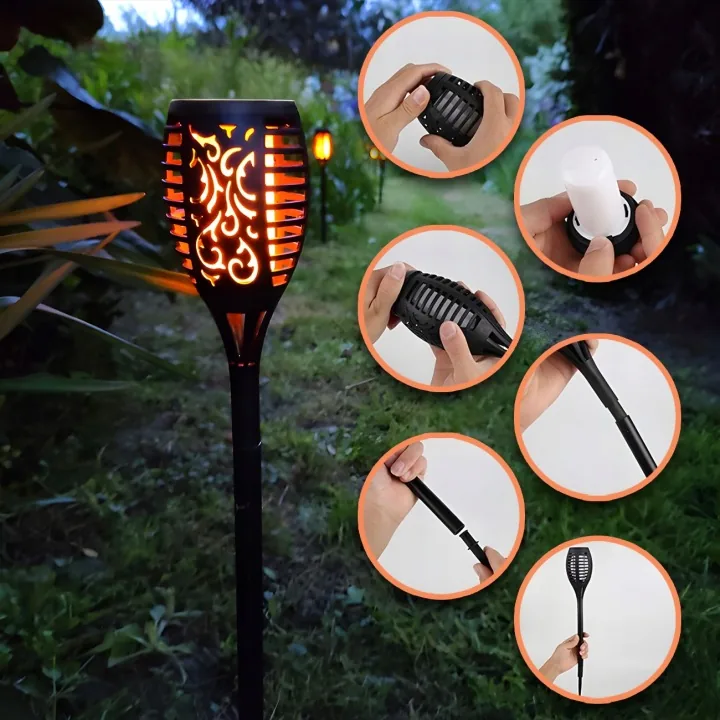 ZESTAW 4 SZTUKI LAMPY SOLARNE LED POCHODNIE 50 CM EFEKT PŁOMIENIA IP65 CZARNE