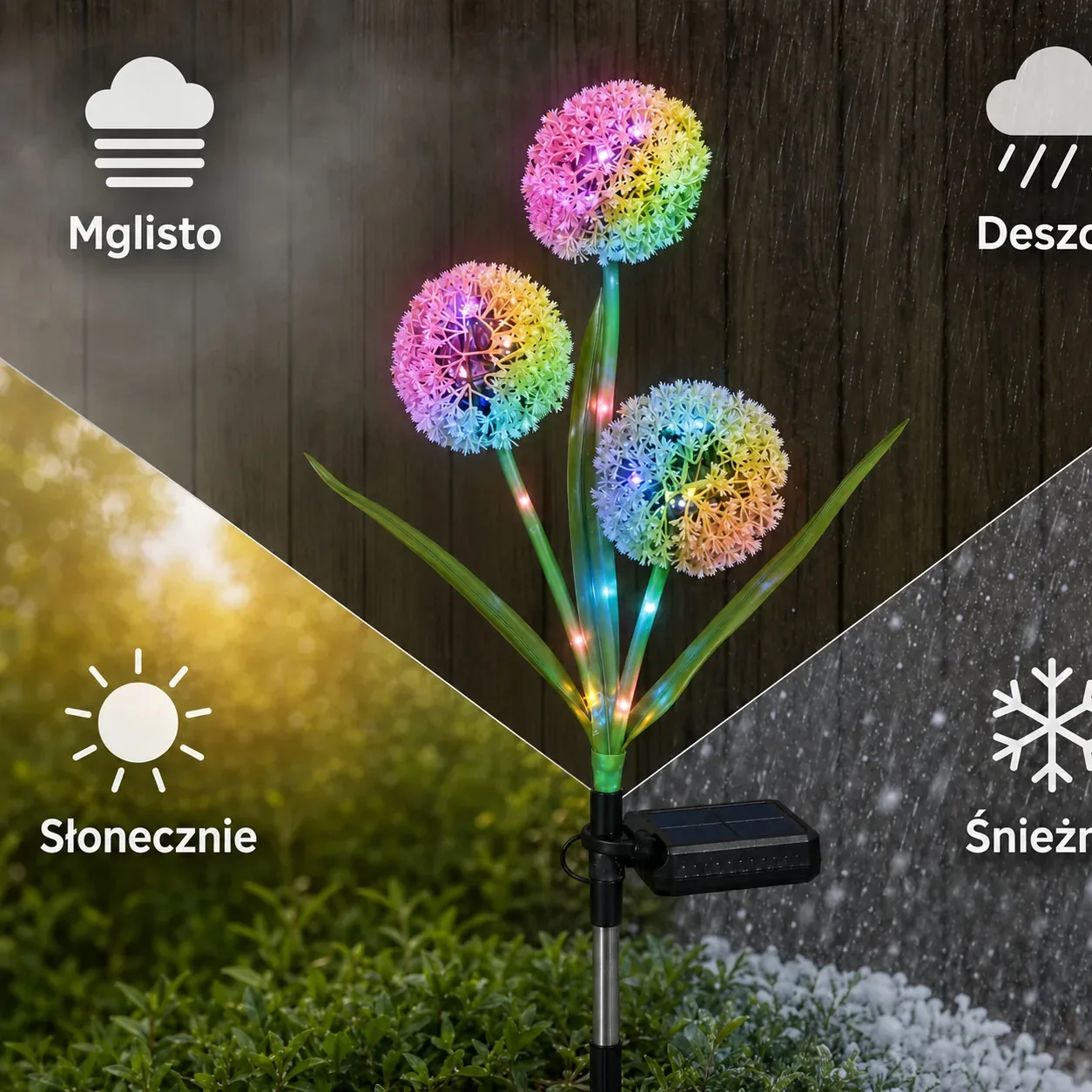 LAMPA SOLARNA LED RGB DMUCHAWIEC OGRODOWA IP44 CZUJNIK ZMIERZCHU 2 TRYBY