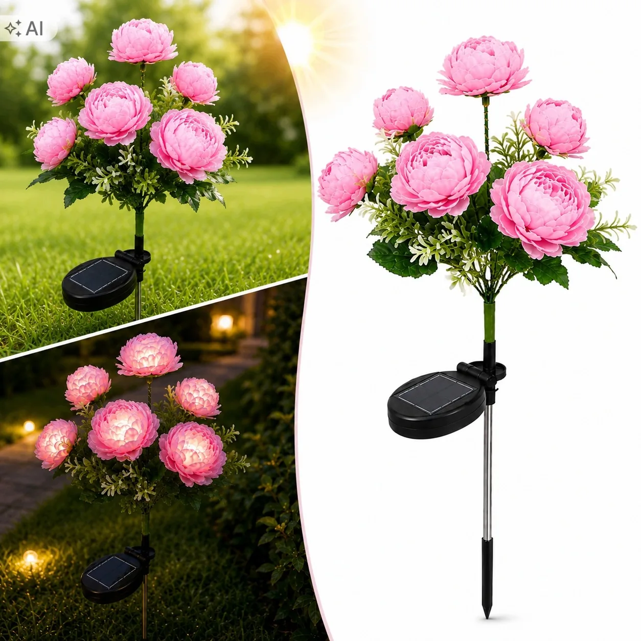 LAMPA SOLARNA OGRODOWA LED PIWONIA RÓŻOWA 70 CM CZUJNIK ZMIERZCHU IP44