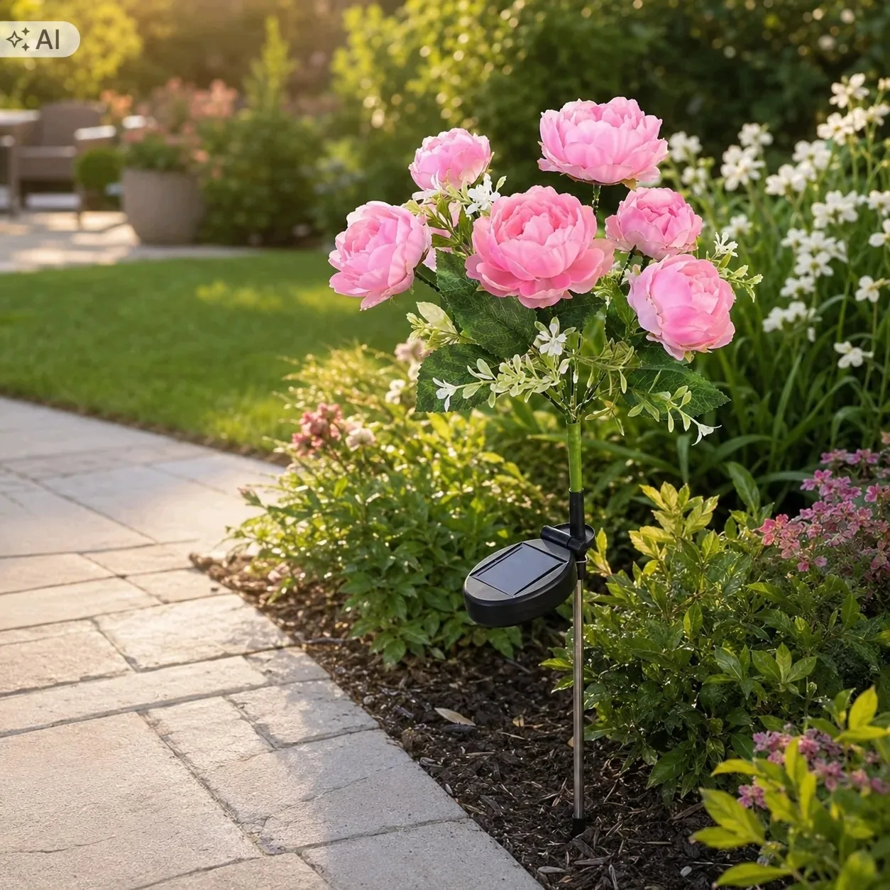 LAMPA SOLARNA OGRODOWA LED PIWONIA RÓŻOWA 70 CM CZUJNIK ZMIERZCHU IP44