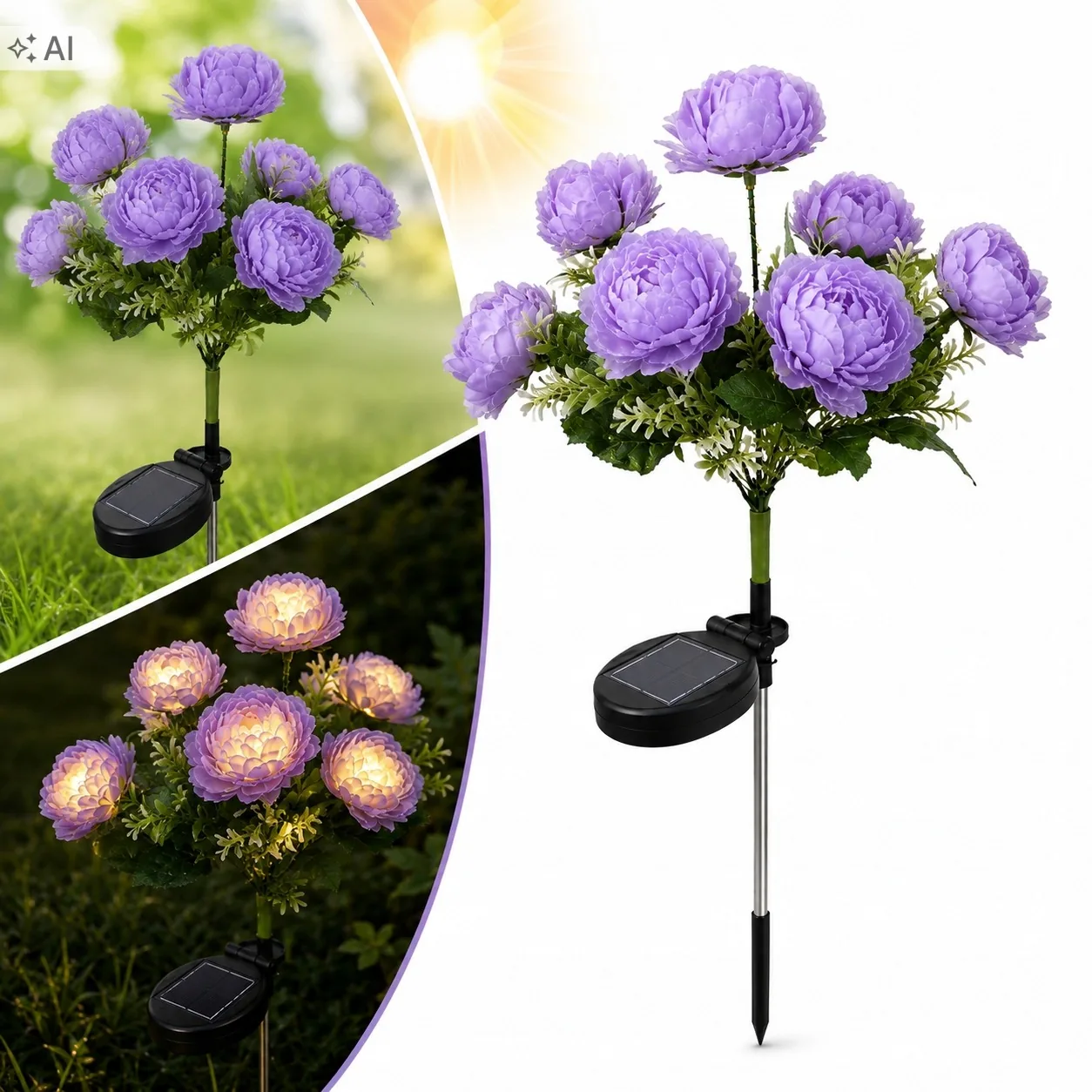 LAMPA SOLARNA OGRODOWA LED PIWONIA FIOLETOWA 70 CM IP44 CZUJNIK ZMIERZCHU
