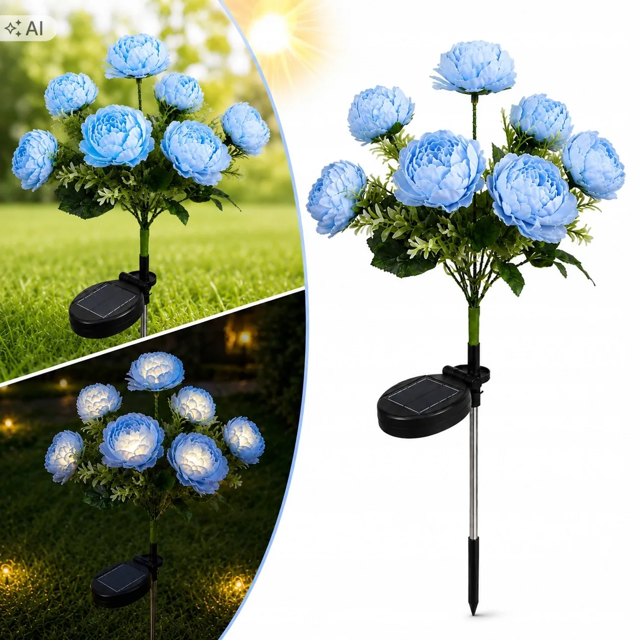 LAMPA SOLARNA OGRODOWA KWIAT PIWONII NIEBIESKA LED 70 CM IP44 CZUJNIK ZMIERZCHU