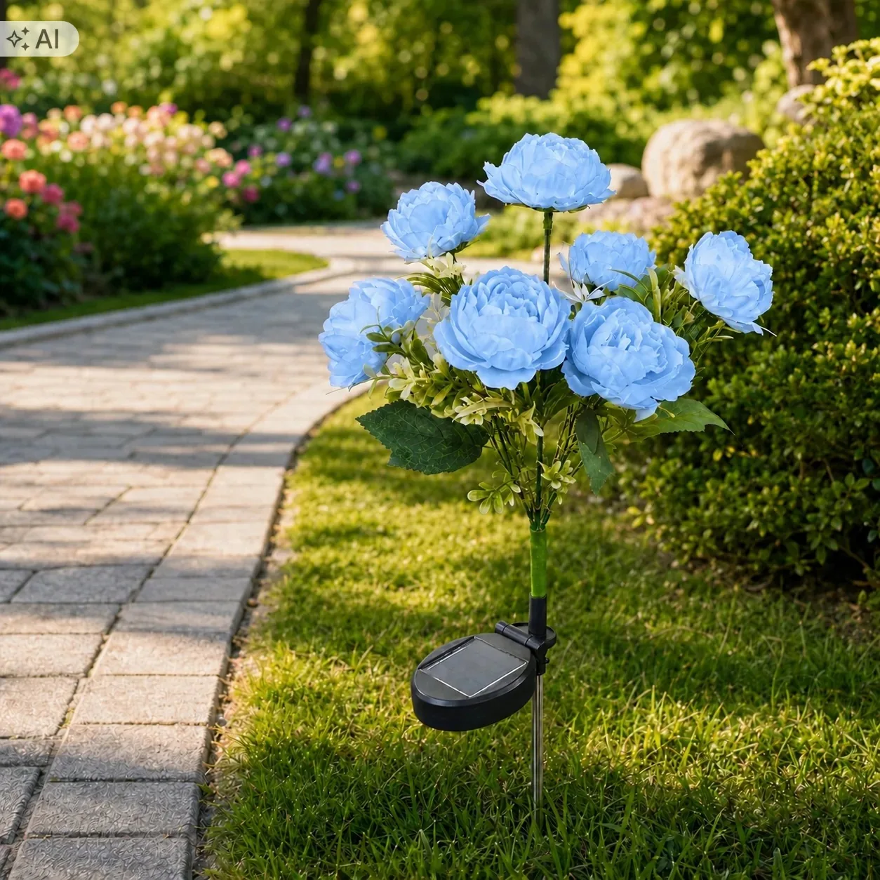 LAMPA SOLARNA OGRODOWA KWIAT PIWONII NIEBIESKA LED 70 CM IP44 CZUJNIK ZMIERZCHU