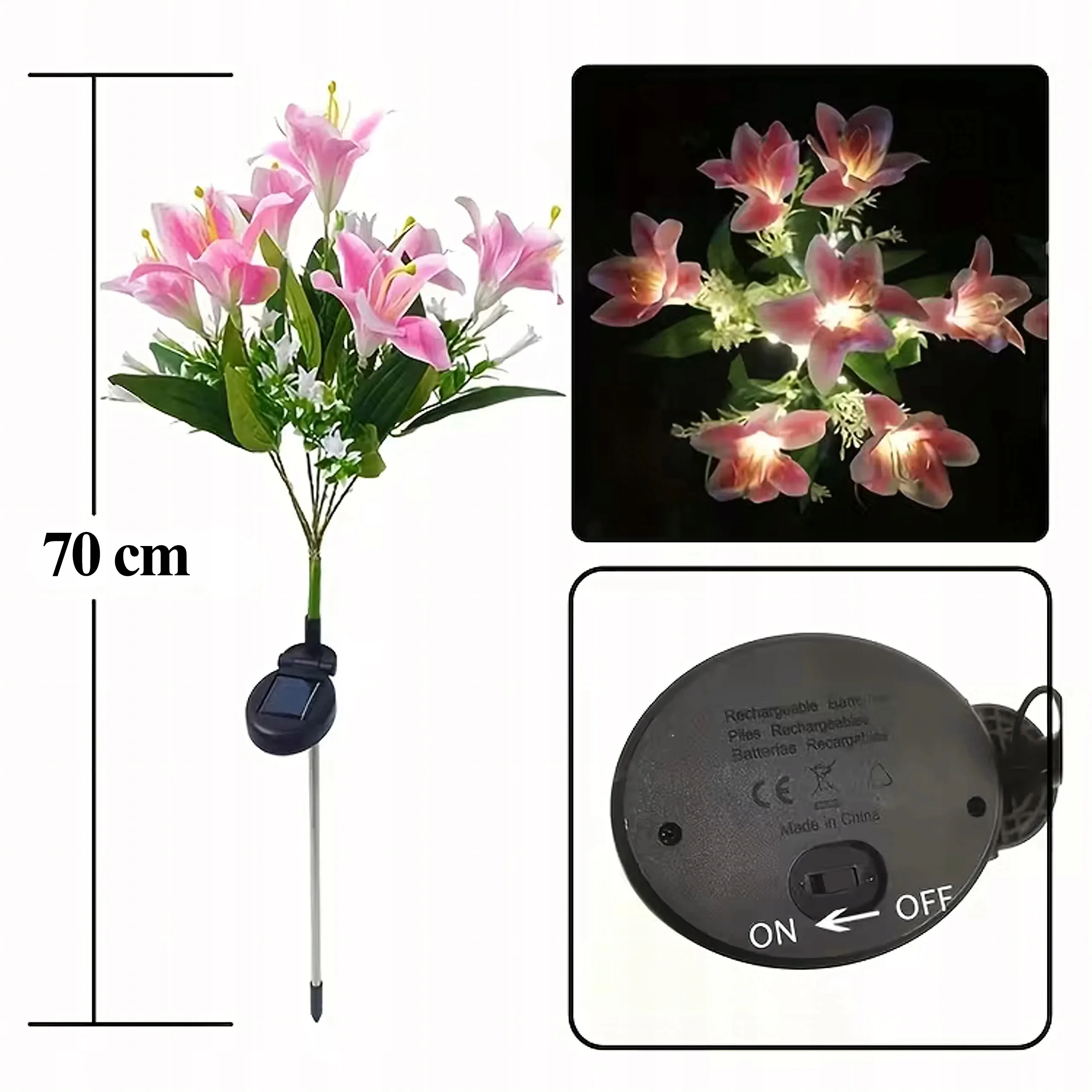 LAMPA SOLARNA OGRODOWA LED LILIA RÓŻOWA 70 CM CZUJNIK ZMIERZCHU IP44
