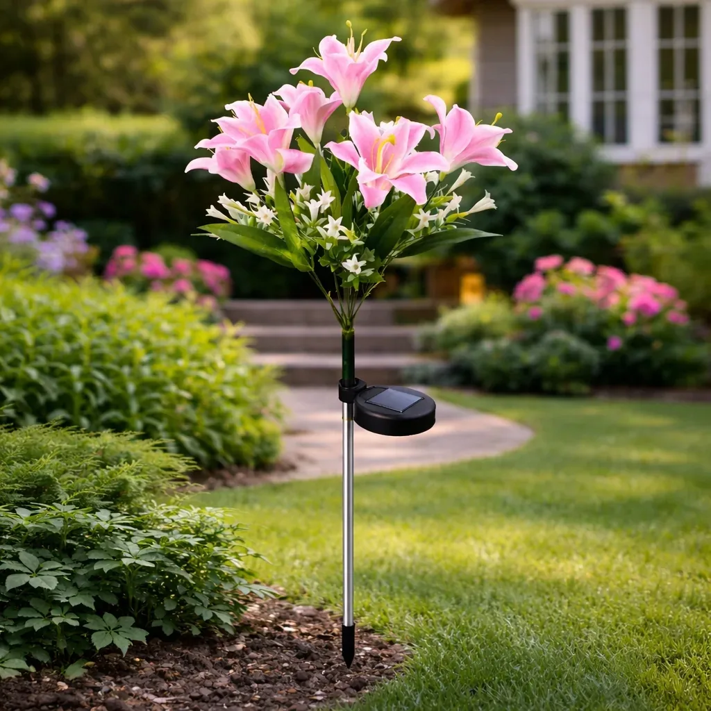 LAMPA SOLARNA OGRODOWA LED LILIA RÓŻOWA 70 CM CZUJNIK ZMIERZCHU IP44