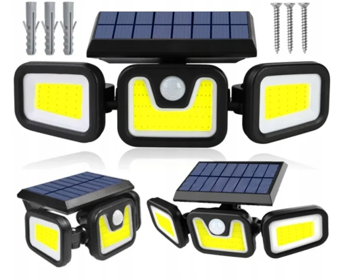 POTRÓJNA LAMPA OGRODOWA SOLARNA LED 2400 MAH IP65 CZUJNIK RUCHU PILOT