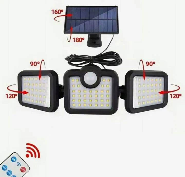 POTRÓJNA LAMPA OGRODOWA SOLARNA LED 2400 MAH IP65 CZUJNIK RUCHU PILOT