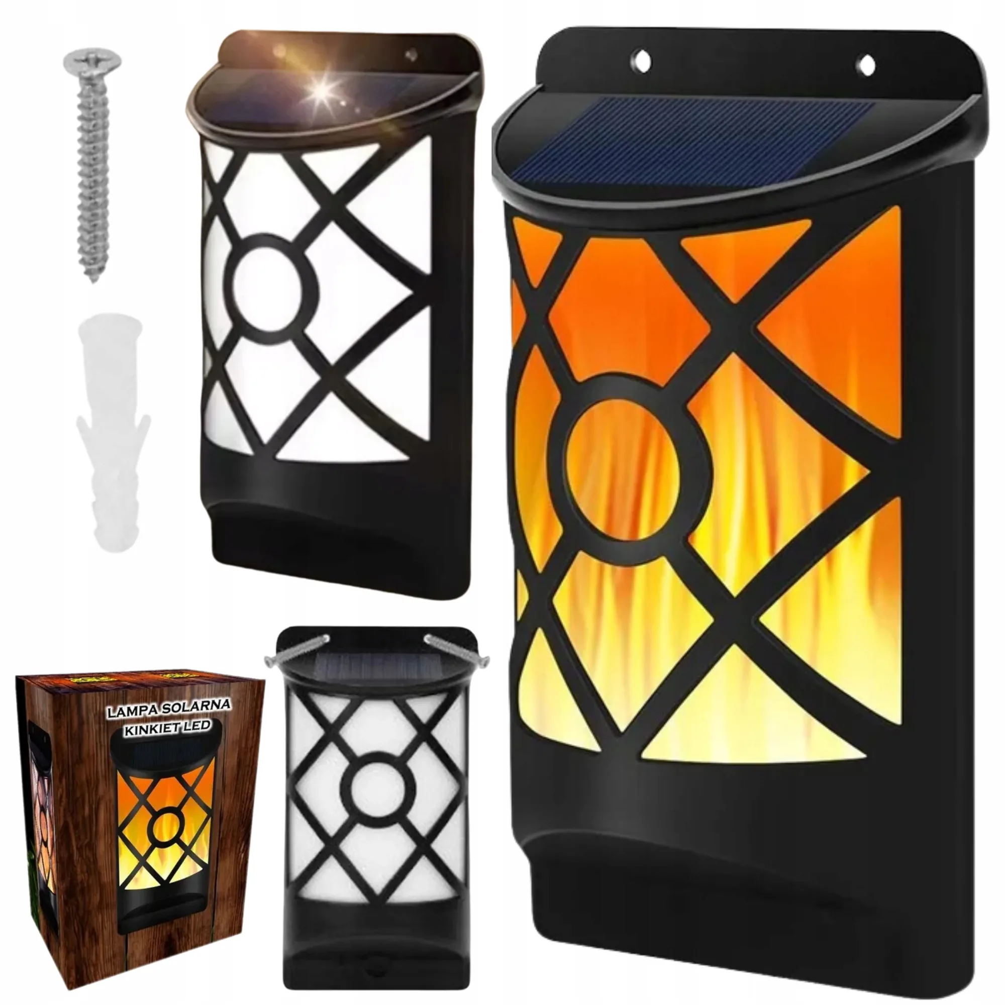LAMPA ELEWACYJNA SOLARNA LED IP44 15 W CZARNA CZUJNIK ZMIERZCHU EFEKT PŁOMIENIA