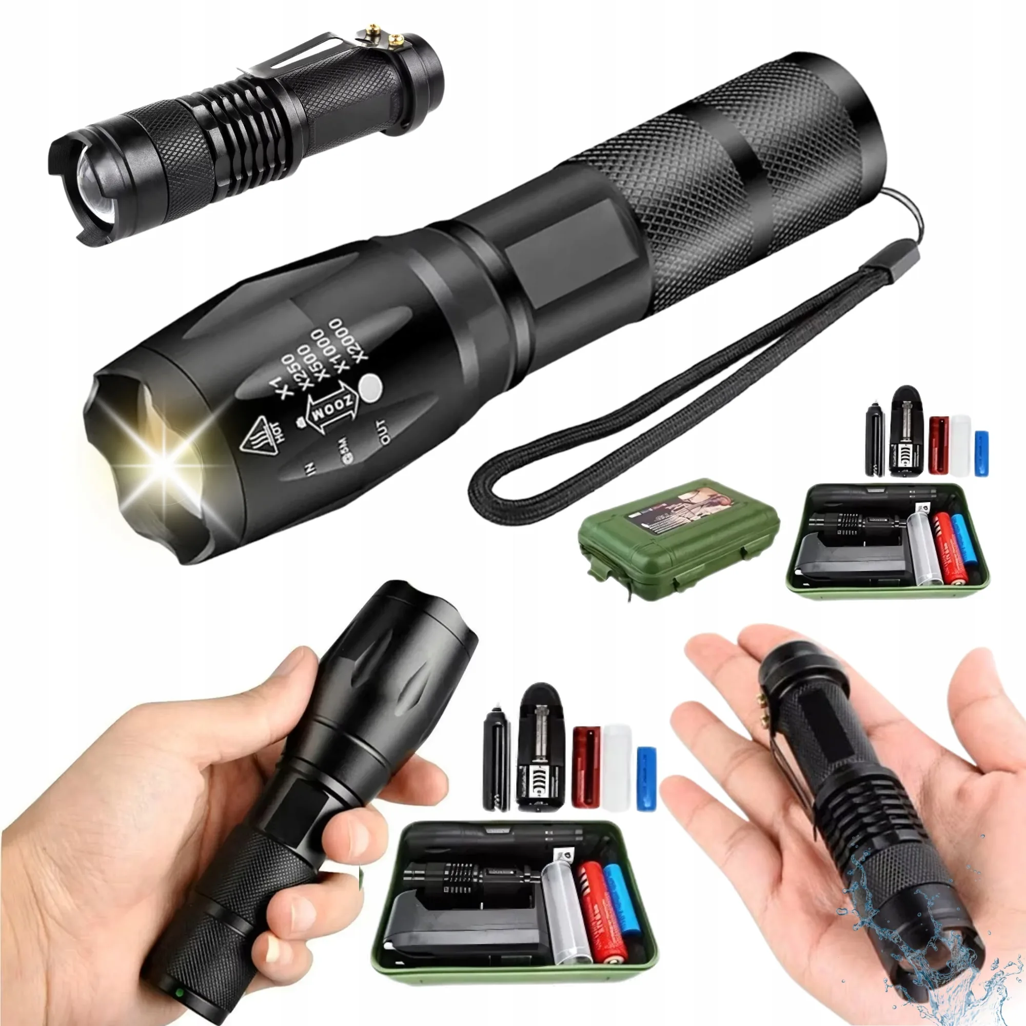 LATARKI TAKTYCZNE 2 SZT 1800 LM 10 W ZOOM IPX4 Z AKUMULATORAMI