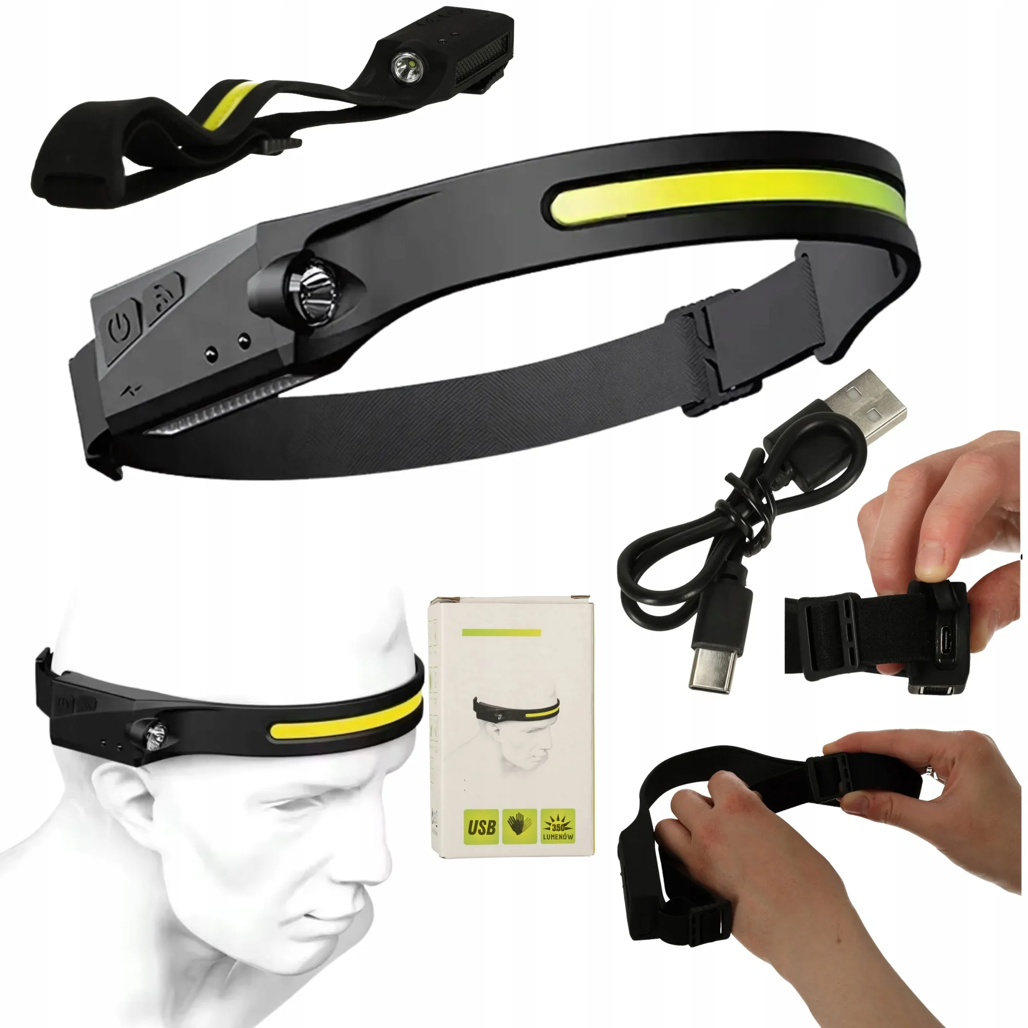 LATARKA CZOŁOWA AKUMULATOROWA 350 LM IP65 CZUJNIK RUCHU USB TYP-C CZARNA