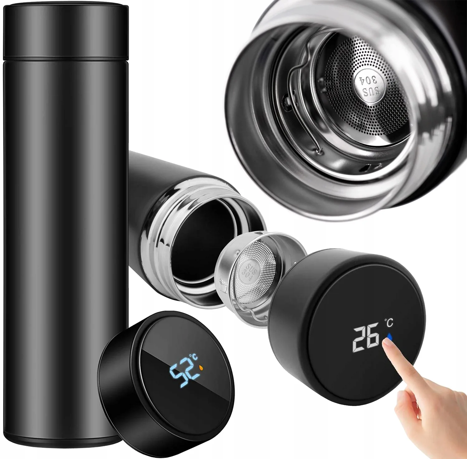 TERMOS SMARTCLUB 500 ML Z WYŚWIETLACZEM LED CZARNY STALOWY Z SITKIEM