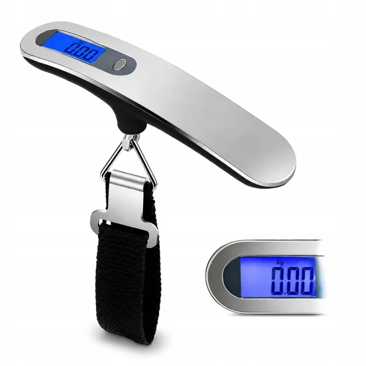WAGA BAGAŻOWA HAKOWA DO 50 KG LCD DOKŁADNOŚĆ 10 G SREBRNA Z BATERIĄ